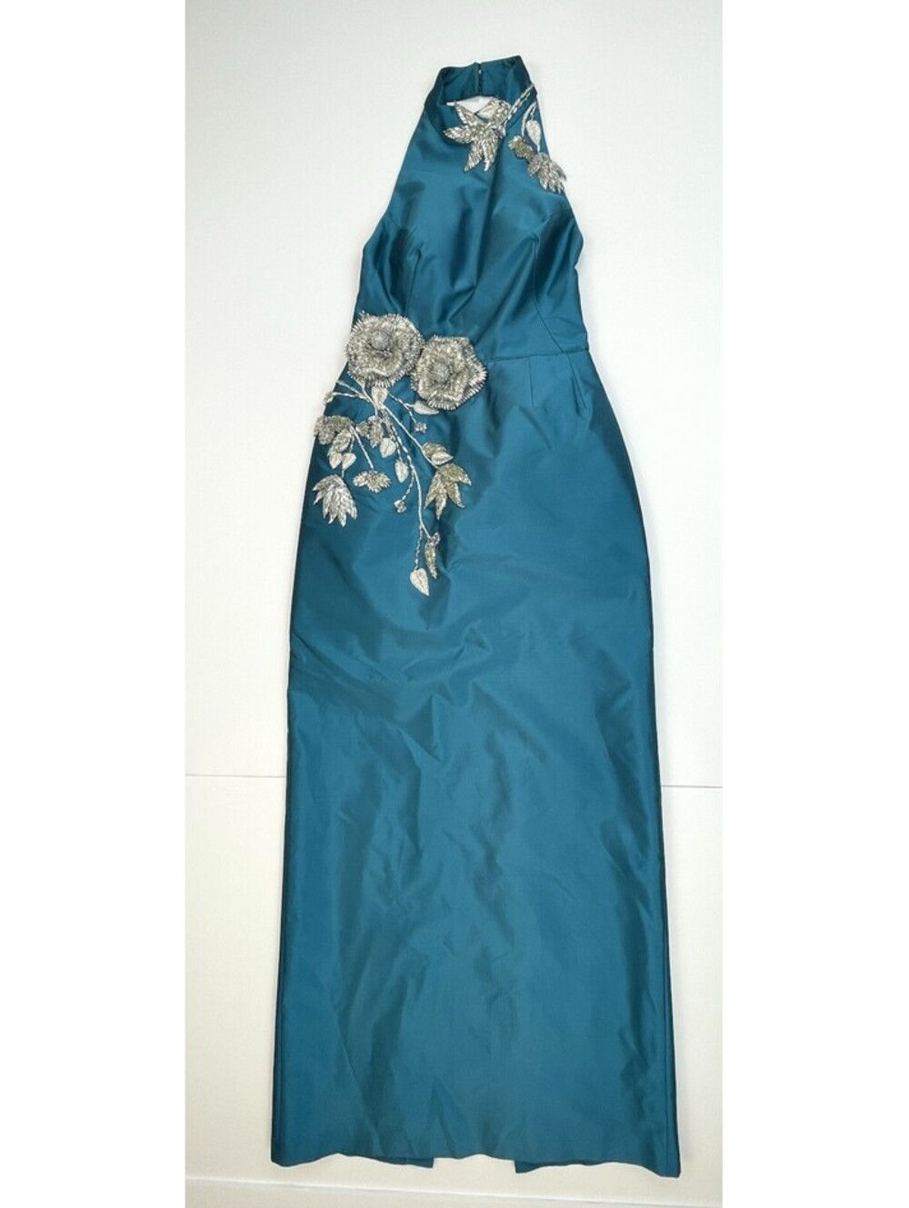 Tarik Ediz Rovena Turquoise Satin Gown 3D Floral Applique Beaded Dress 40 US 8